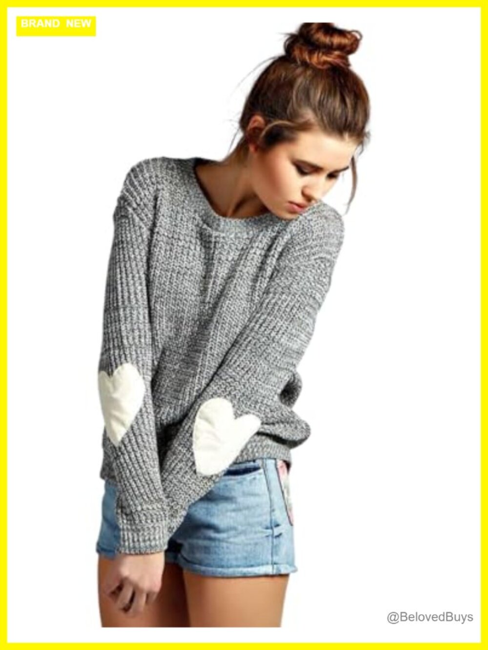 Women's Long Sleeve Crew Neck Heart Elbow Patch Pullover Sweater